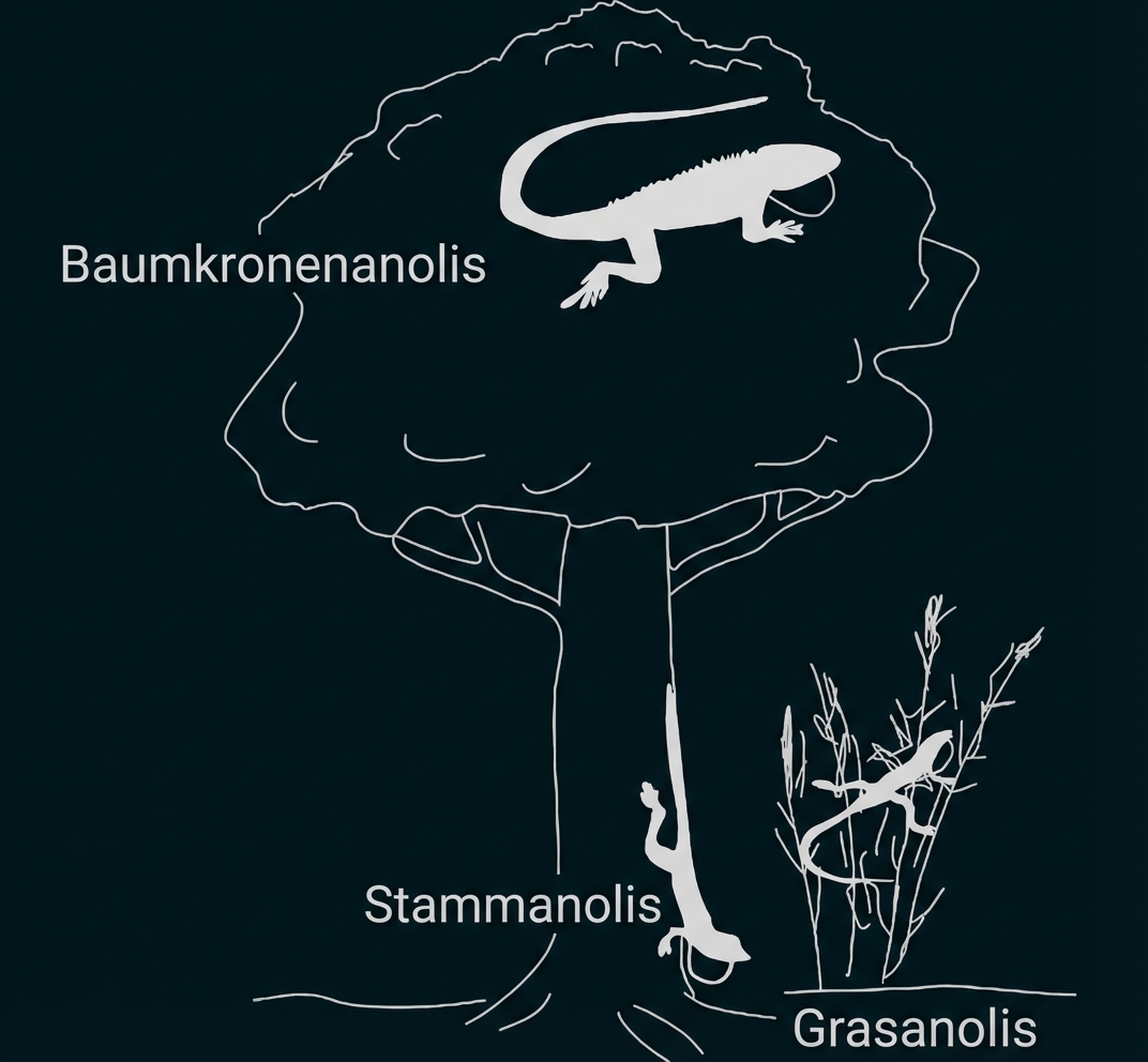 Silhouetten von drei Anolis-Eidechsen: Baumkronen-, Stamm- und Grasanolis an Baumstamm und Gras.
